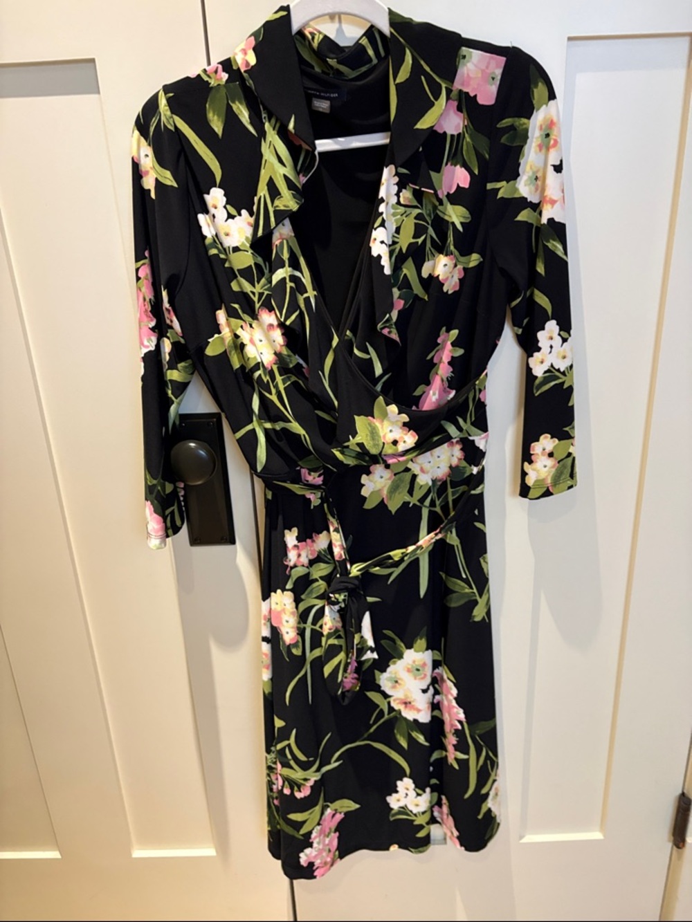 Tommy Hilfiger Black Floral Midi Wrap Dress with Pink & White Blooms